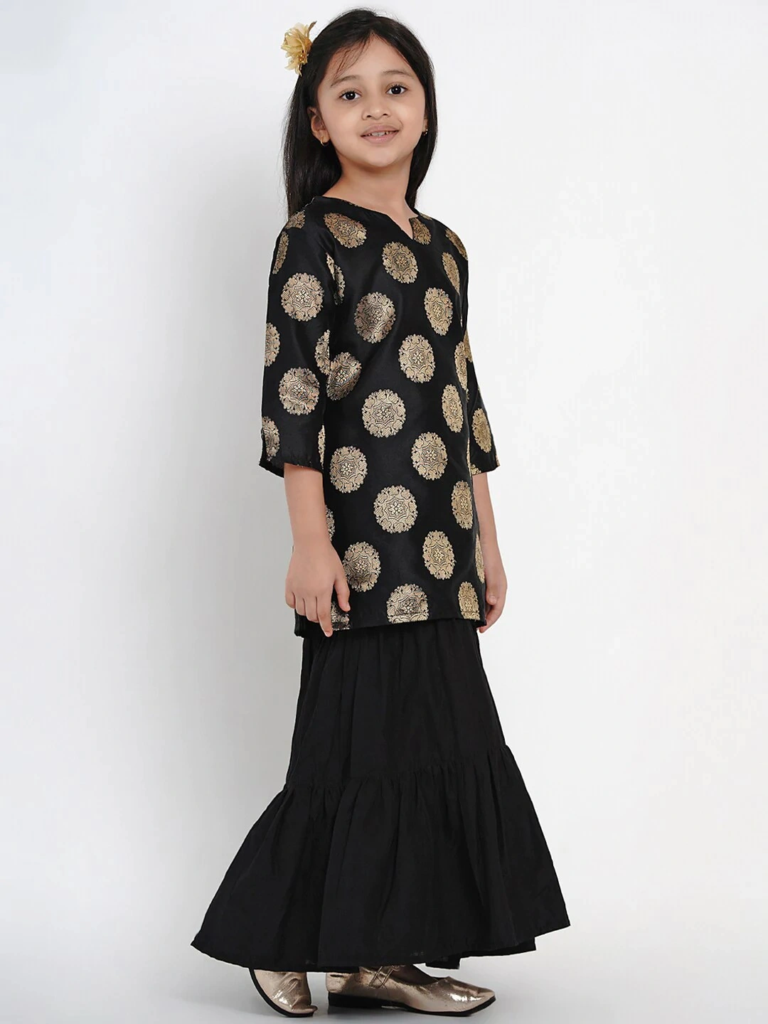 Bitiya by Bhama Girls Black &amp; Gold-Toned Woven Design Kurta with Sharara-3-4Y-2