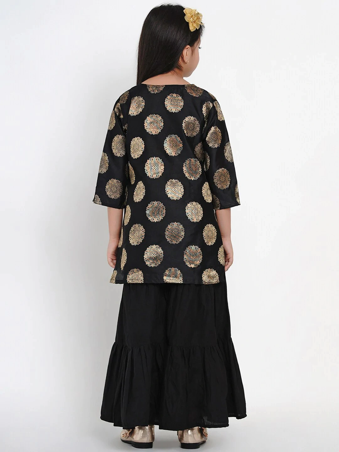 Bitiya by Bhama Girls Black &amp; Gold-Toned Woven Design Kurta with Sharara-3-4Y-3