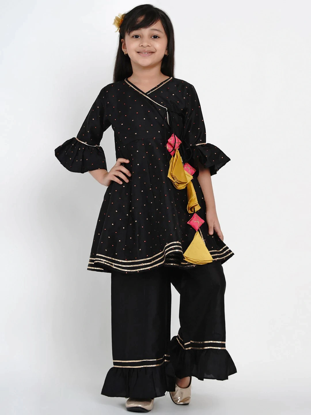 Bitiya by Bhama Girls Black &amp; Gold-Toned Self Design Kurta with Palazzos-BBB163_3-4Y