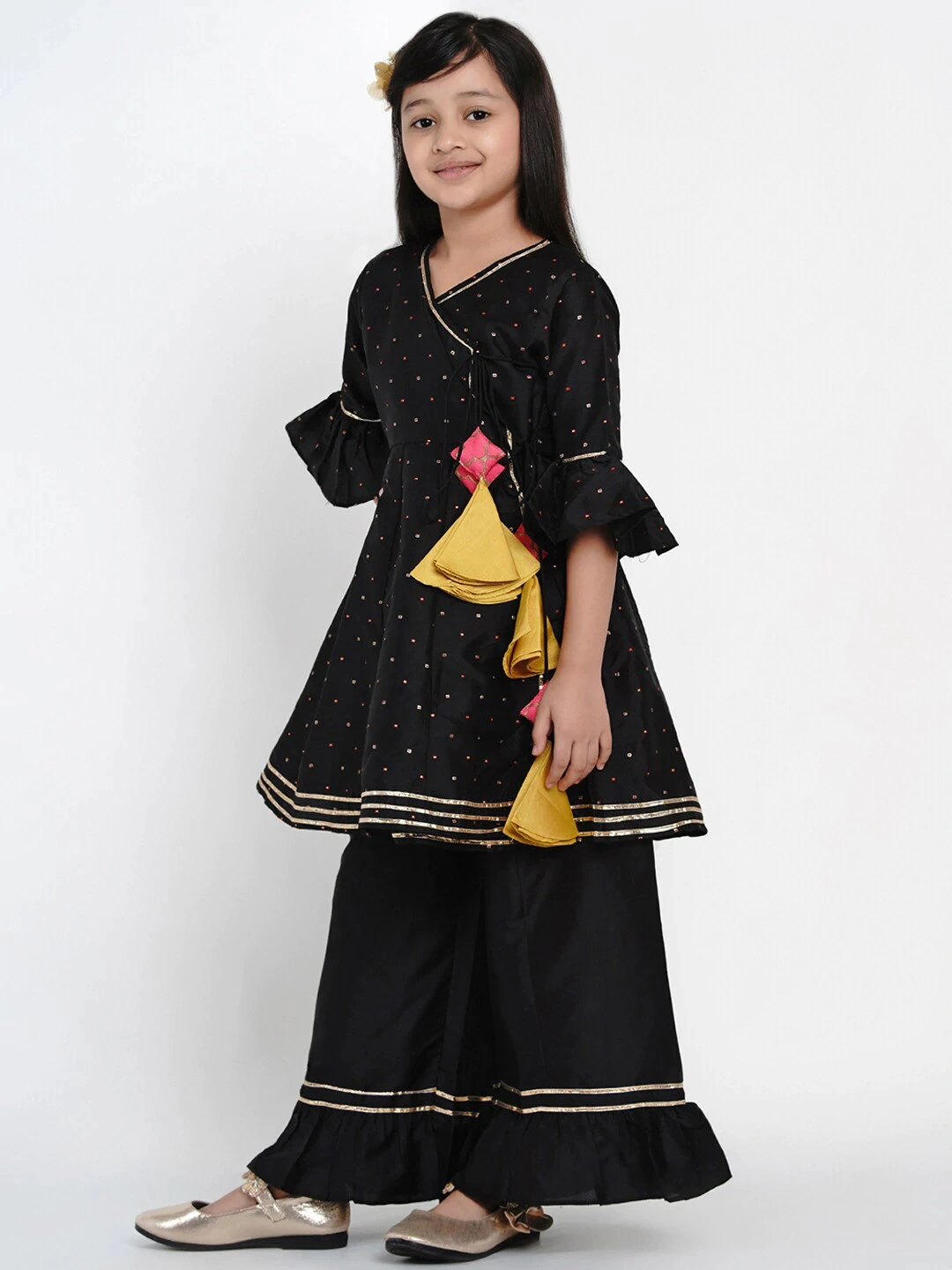 Bitiya by Bhama Girls Black &amp; Gold-Toned Self Design Kurta with Palazzos-3-4Y-1