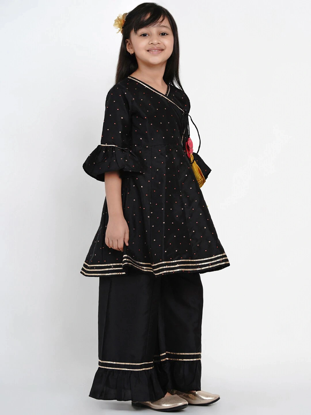 Bitiya by Bhama Girls Black &amp; Gold-Toned Self Design Kurta with Palazzos-3-4Y-2