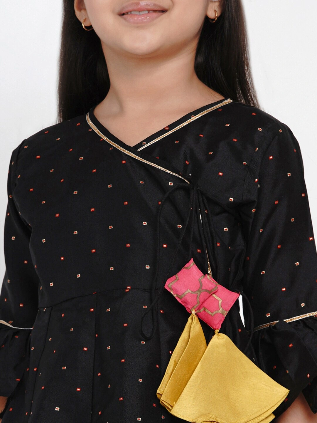 Bitiya by Bhama Girls Black &amp; Gold-Toned Self Design Kurta with Palazzos-3-4Y-4