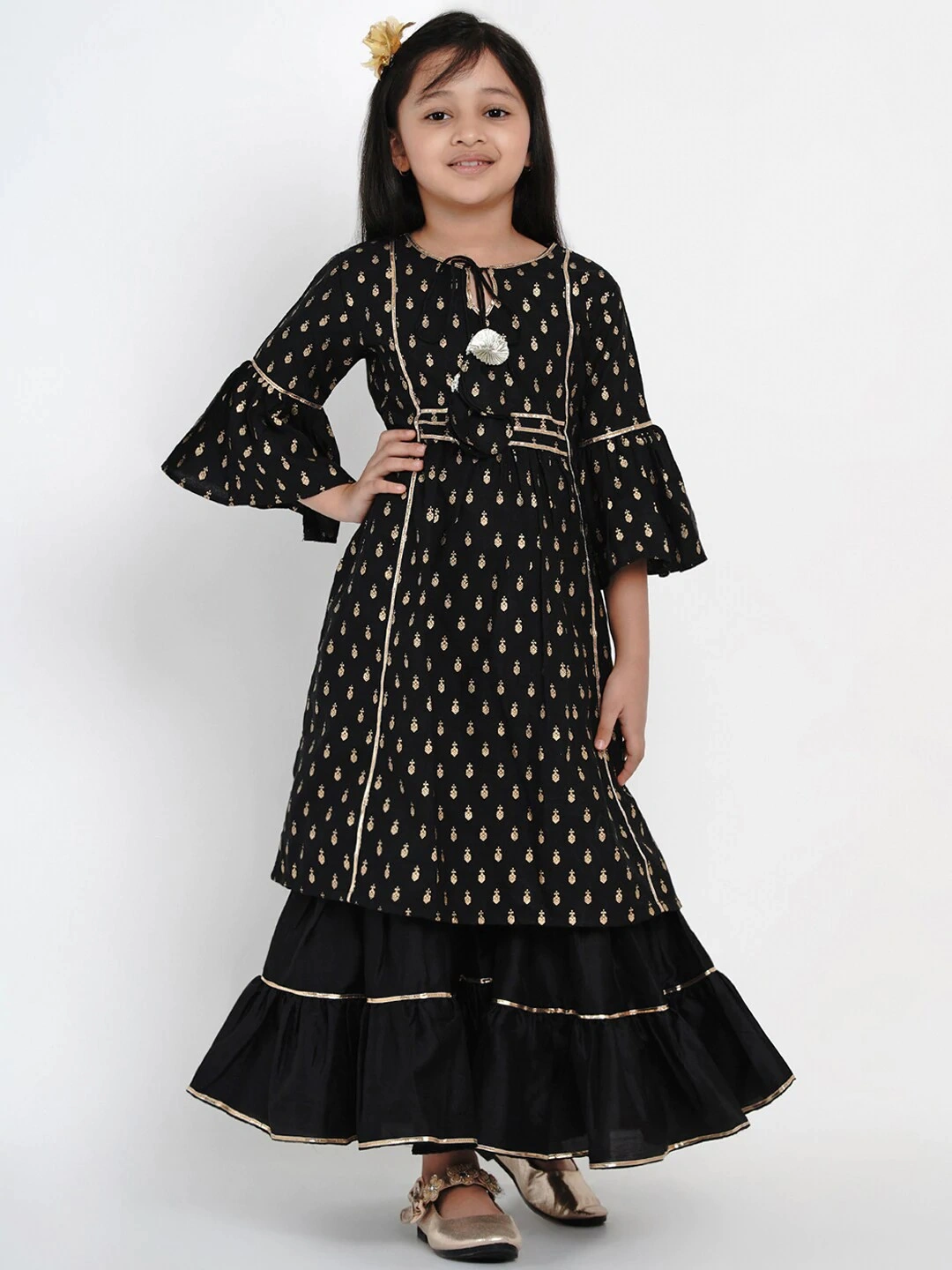 Bitiya by Bhama Girls Black Printed Kurta with Sharara &amp; Dupatta-BBB165_3-4Y