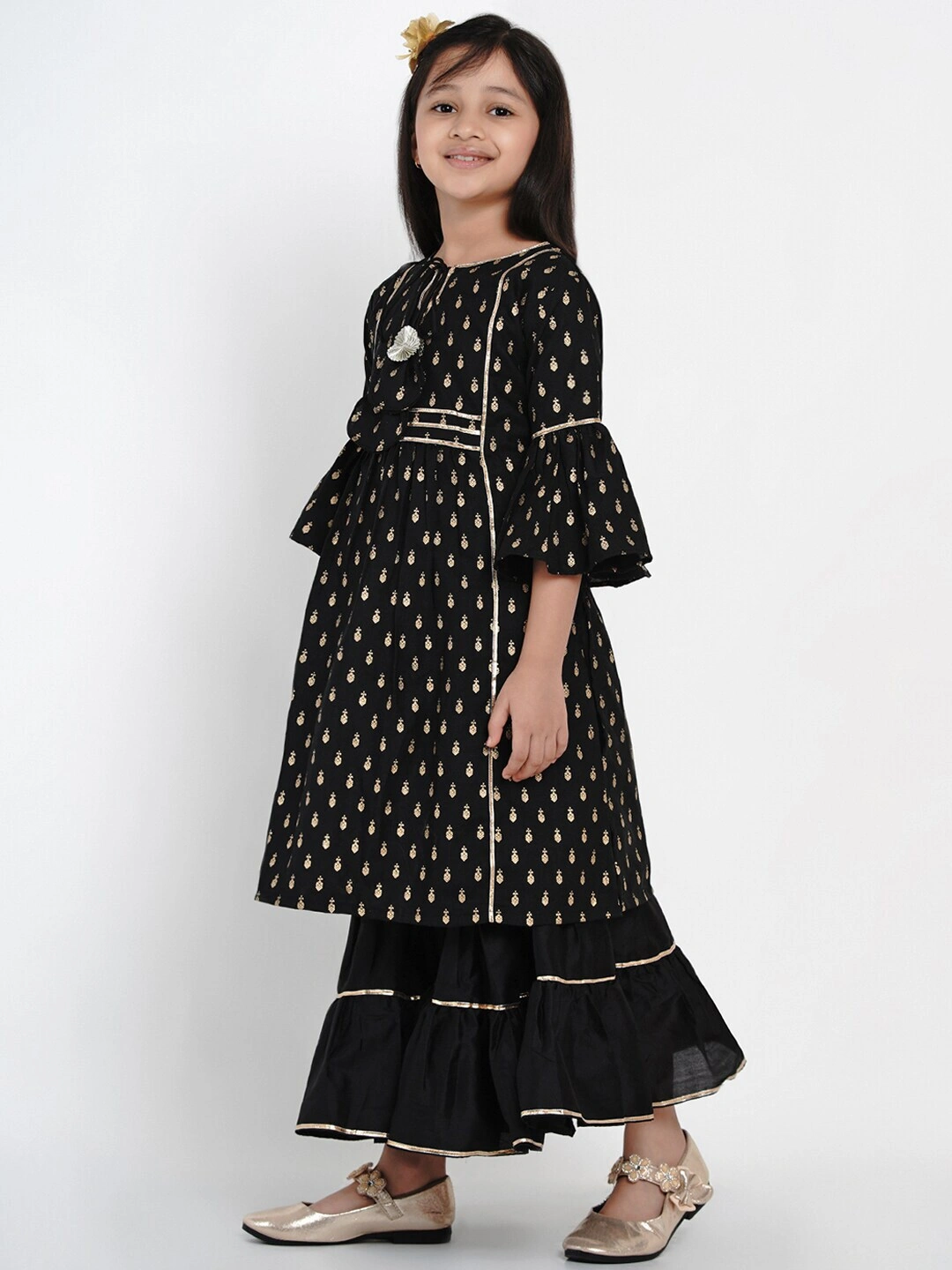 Bitiya by Bhama Girls Black Printed Kurta with Sharara &amp; Dupatta-3-4Y-1