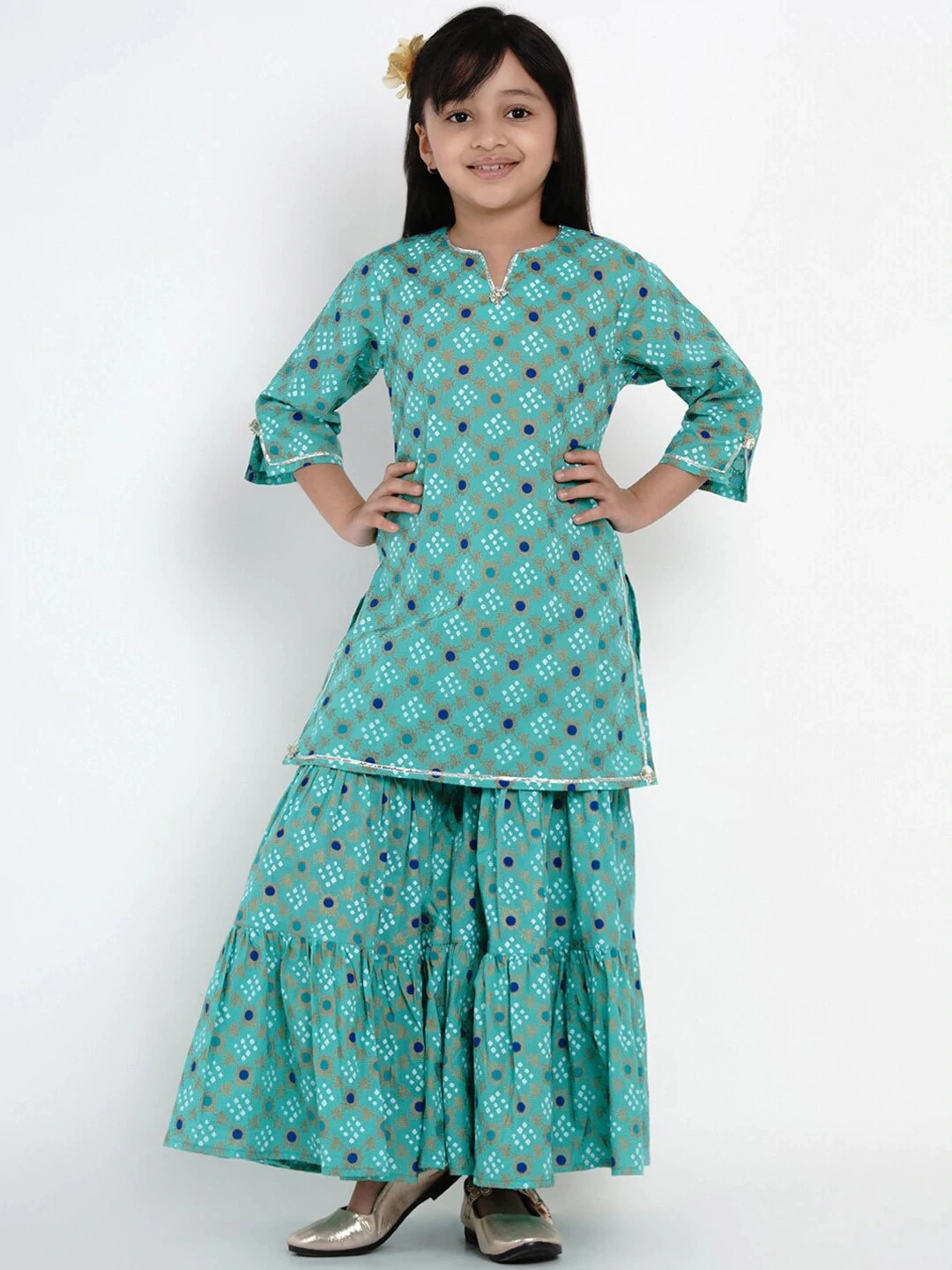 Bitiya by Bhama Girls Green &amp; Blue Printed Kurti with Palazzos-BBB169_3-4Y