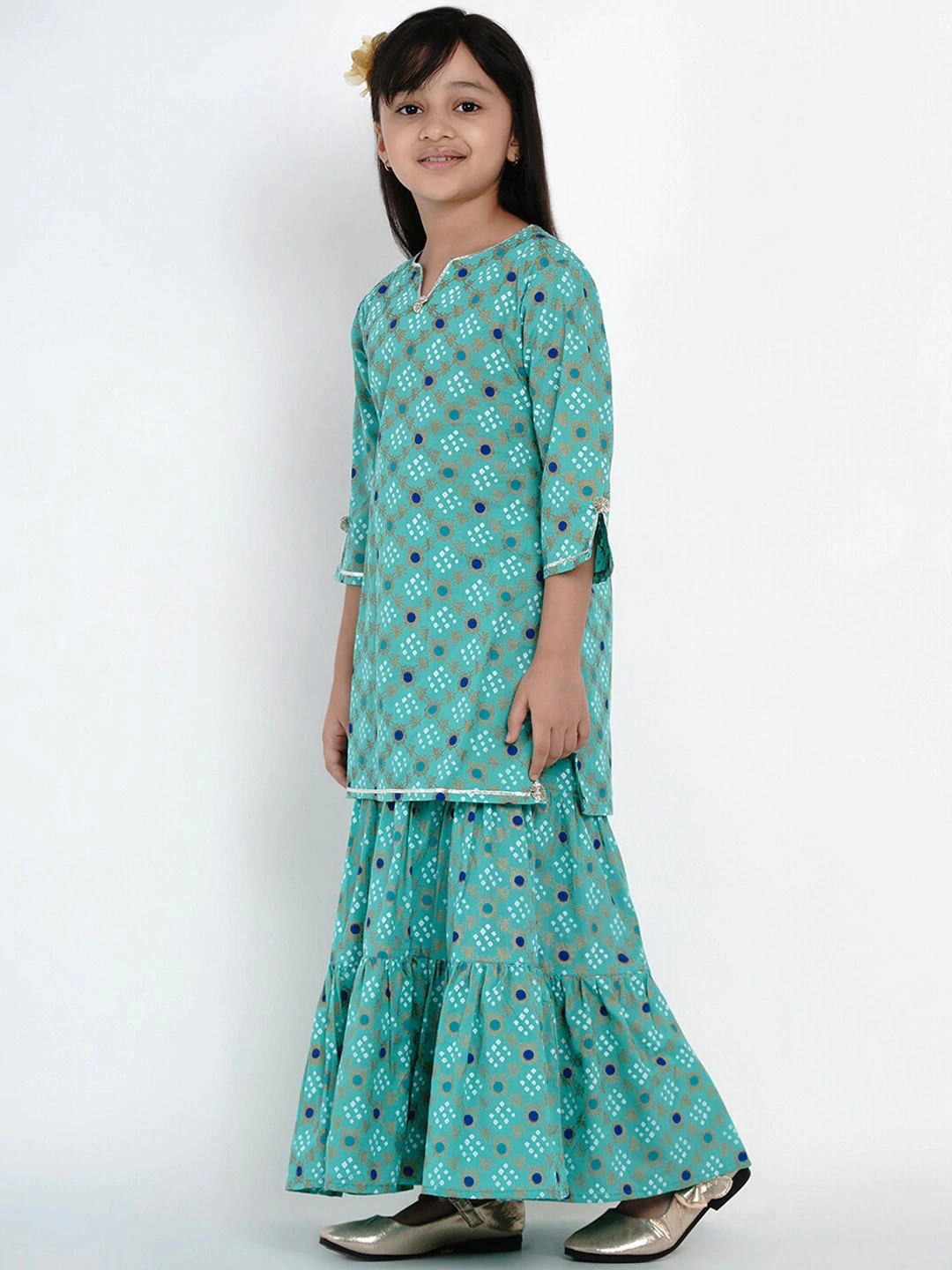 Bitiya by Bhama Girls Green &amp; Blue Printed Kurti with Palazzos-3-4Y-1