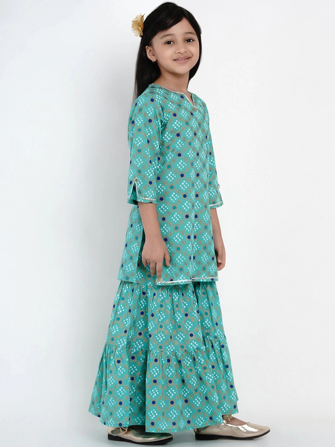 Bitiya by Bhama Girls Green &amp; Blue Printed Kurti with Palazzos-3-4Y-2