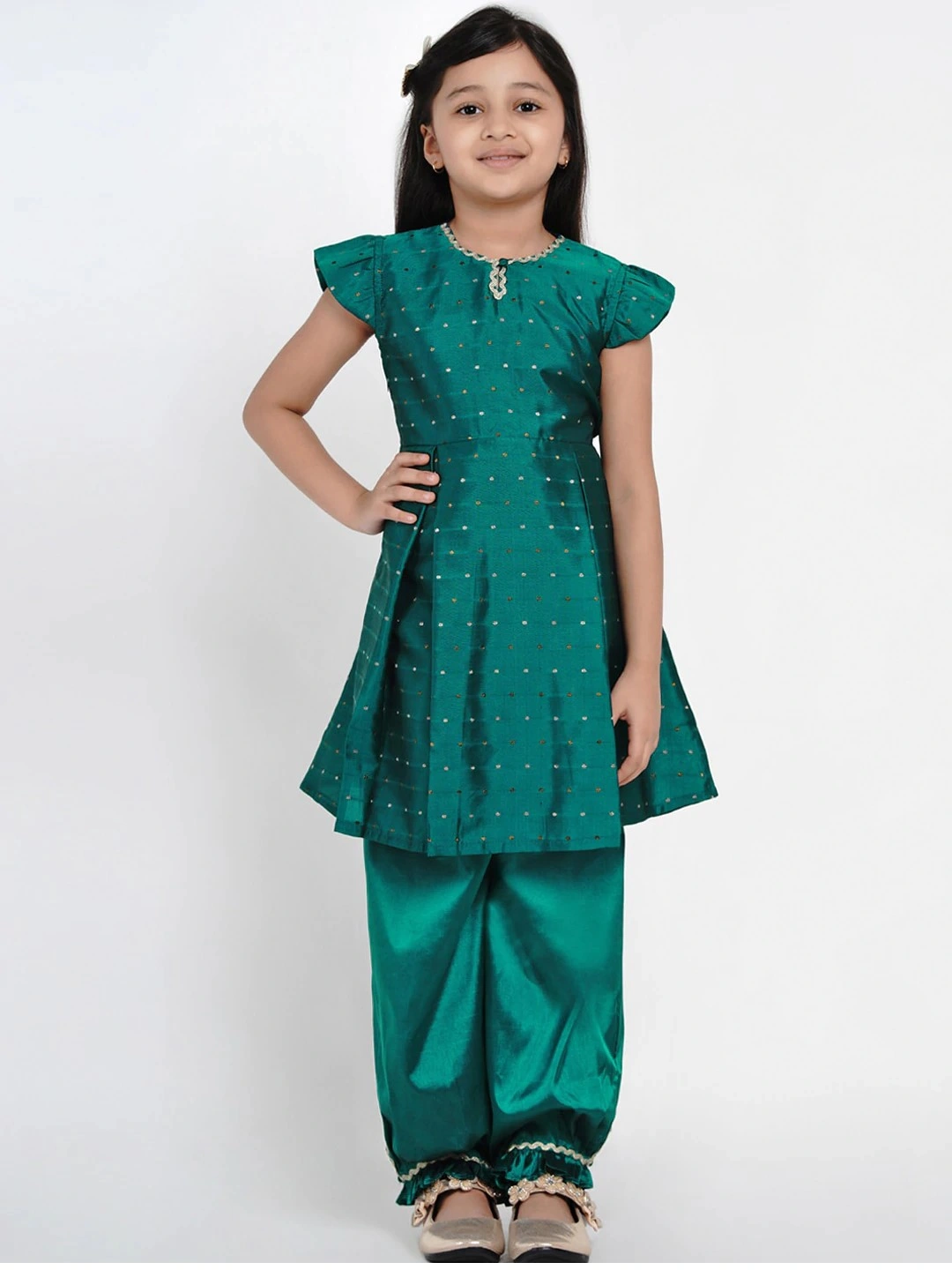 Bitiya by Bhama Girls Green &amp; Gold-Toned Woven Design Kurti with Salwar-BBB170_3-4Y