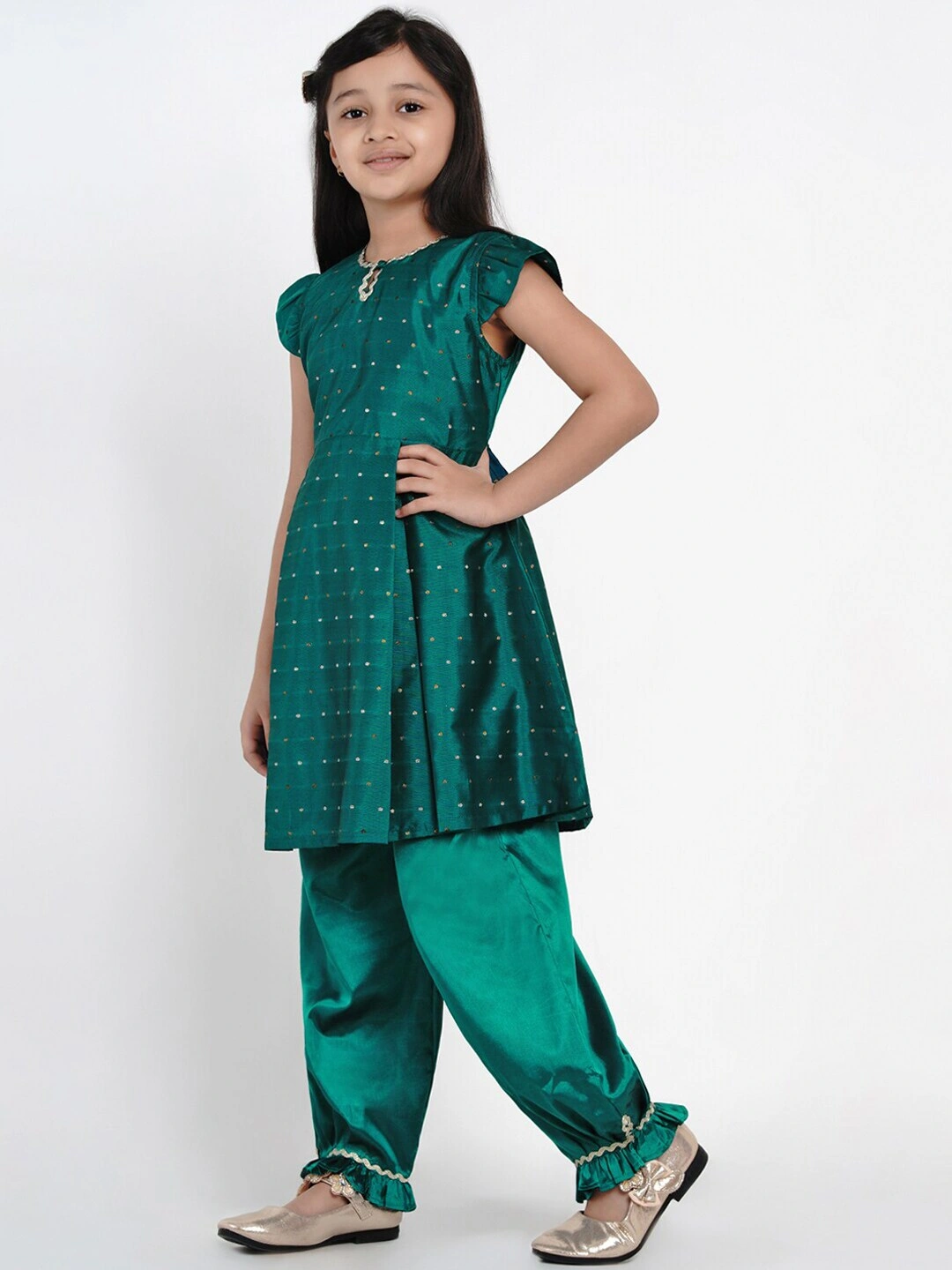 Bitiya by Bhama Girls Green &amp; Gold-Toned Woven Design Kurti with Salwar-3-4Y-1