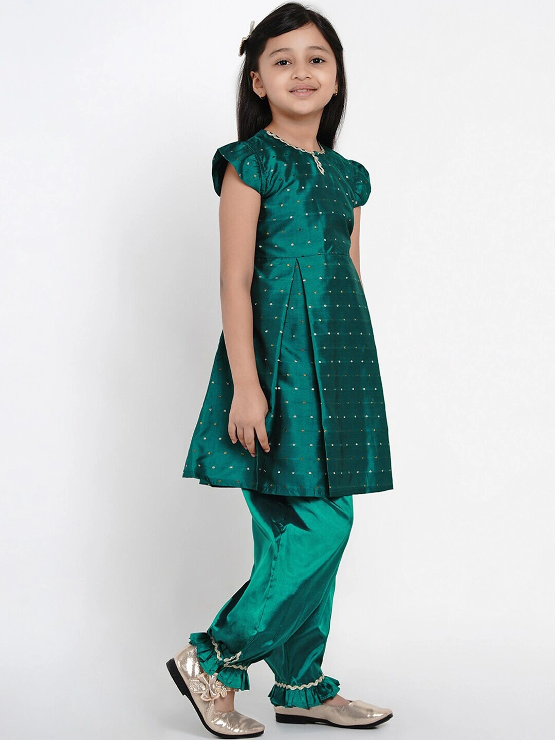 Bitiya by Bhama Girls Green &amp; Gold-Toned Woven Design Kurti with Salwar-3-4Y-2