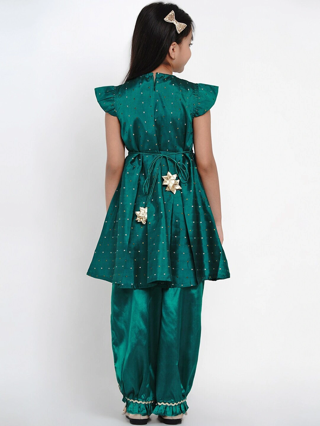 Bitiya by Bhama Girls Green &amp; Gold-Toned Woven Design Kurti with Salwar-9-10Y-3