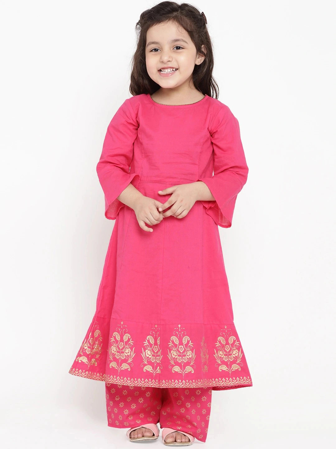 Bitiya by Bhama Girls Pink Printed Detail Kurti with Pyjamas-BBT031_3-4Y