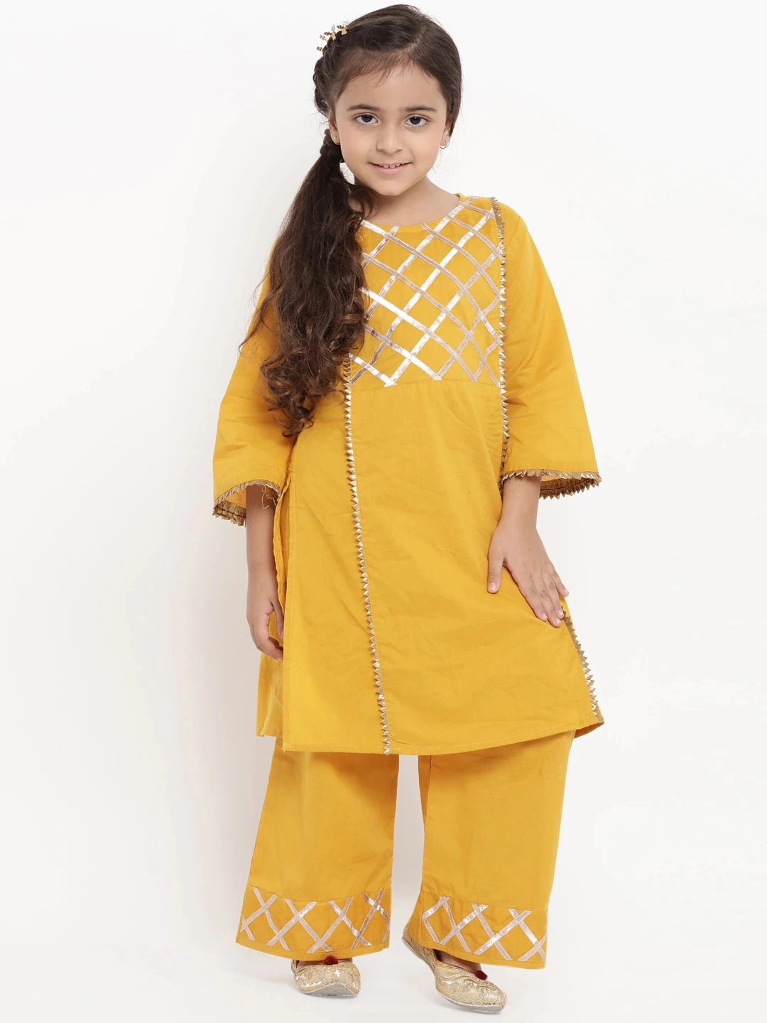 Bitiya by Bhama Girls Mustard Yellow Embroidered Kurti with Palazzos-BBT037_3-4Y