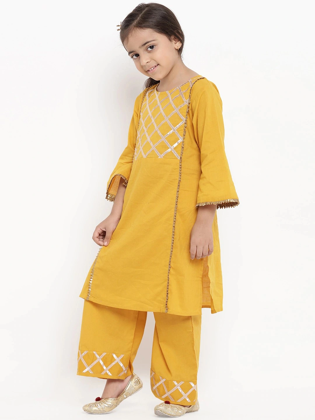 Bitiya by Bhama Girls Mustard Yellow Embroidered Kurti with Palazzos-3-4Y-1