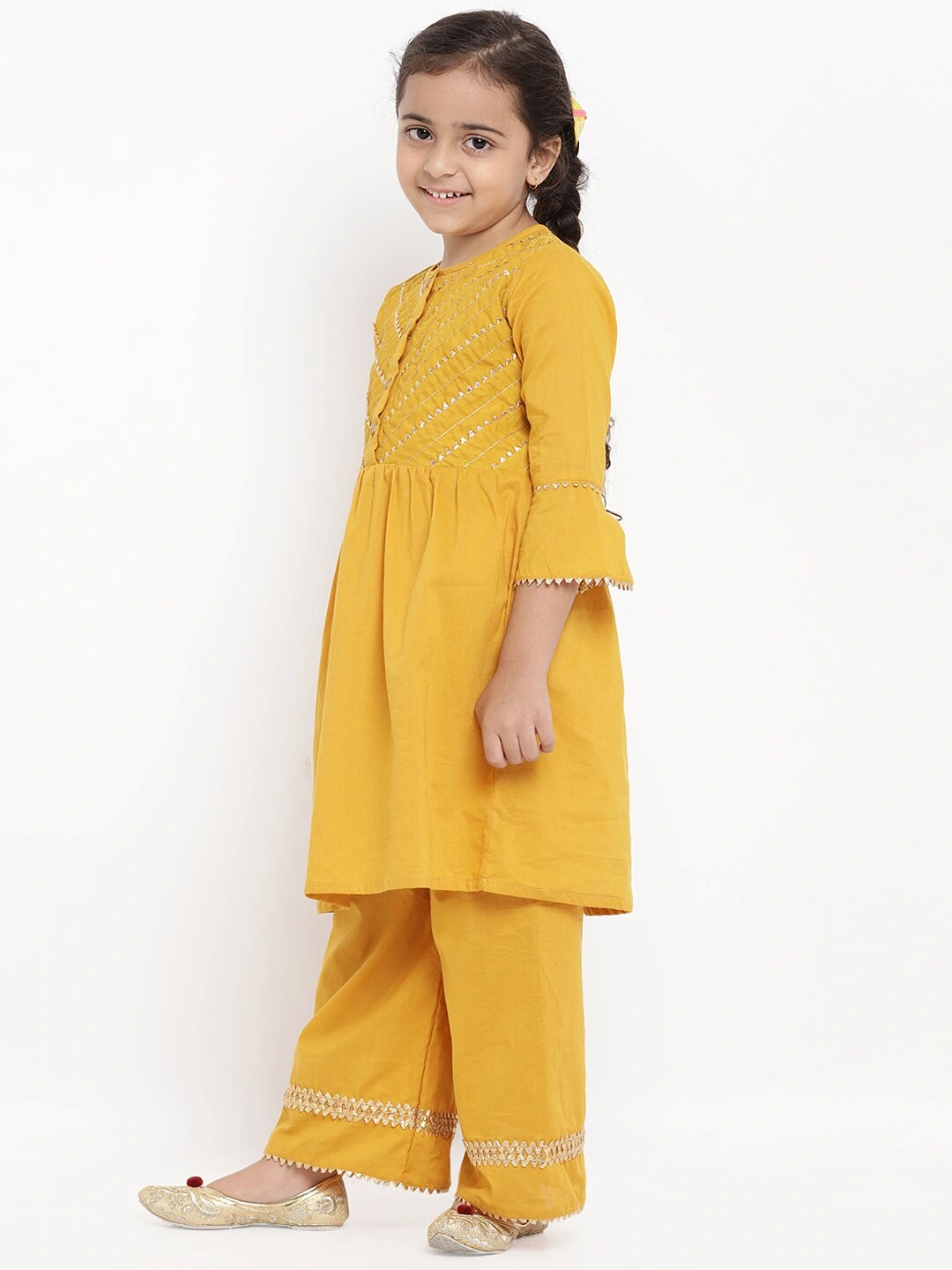 Bitiya by Bhama Girls Mustard Yellow Solid Kurti with Palazzos-3-4Y-1