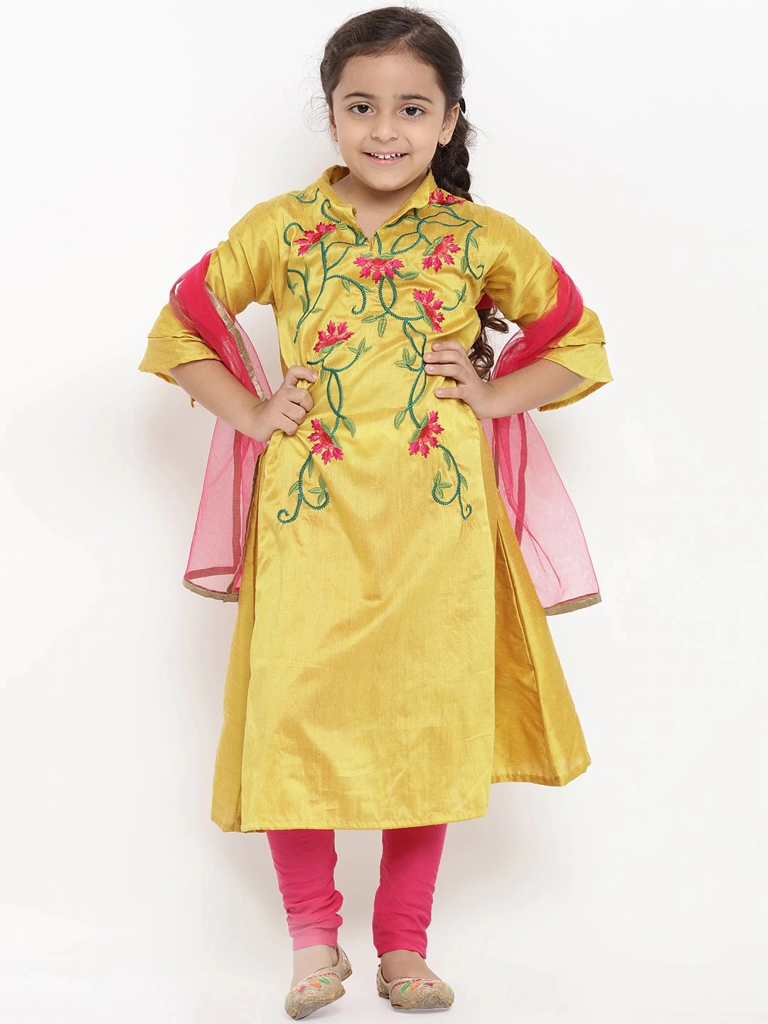 Bitiya by Bhama Girls Mustard &amp; Pink Embroidered Kurta with Churidar &amp; Dupatta-BBT040_3-4Y