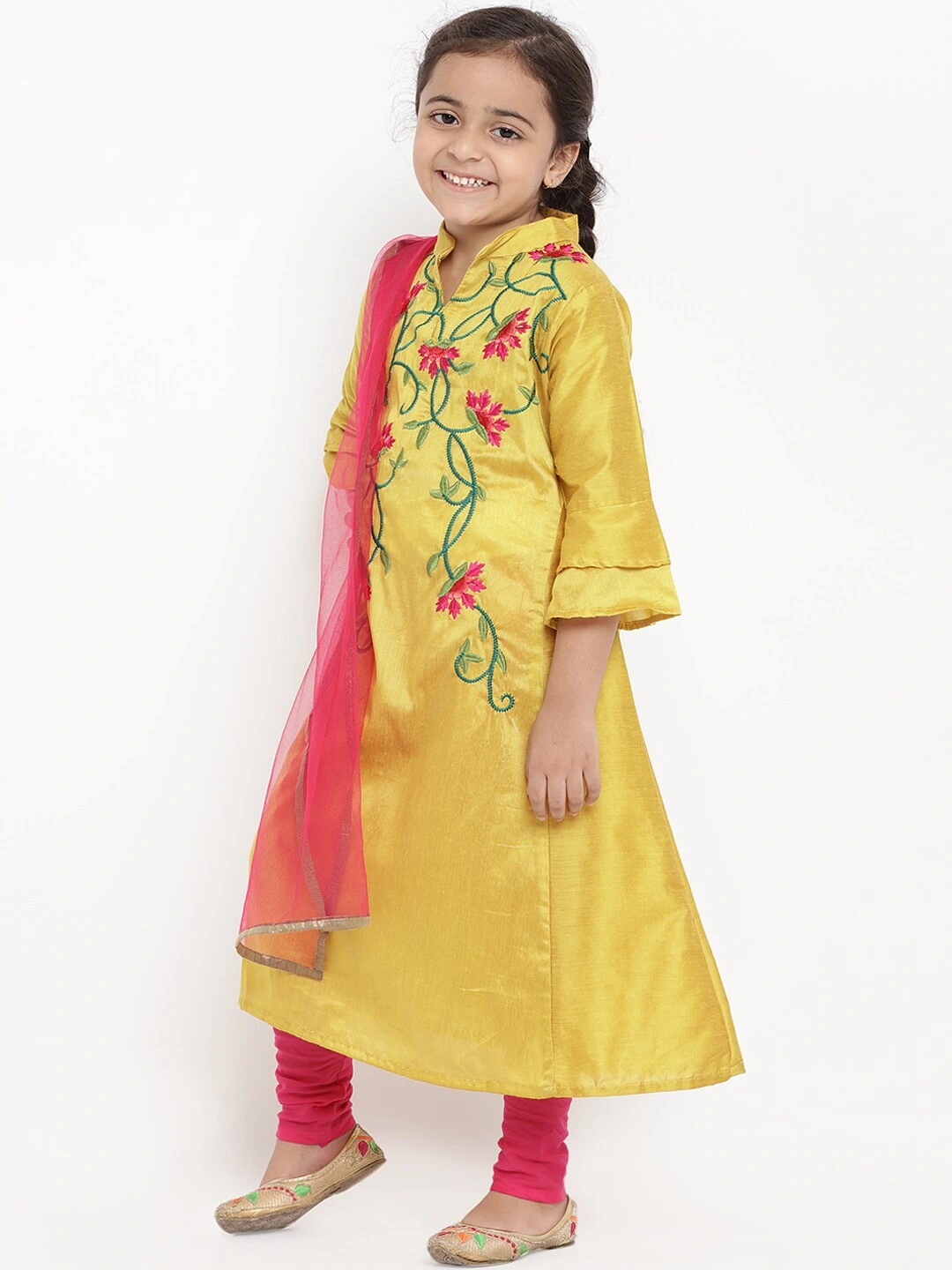 Bitiya by Bhama Girls Mustard &amp; Pink Embroidered Kurta with Churidar &amp; Dupatta-3-4Y-1