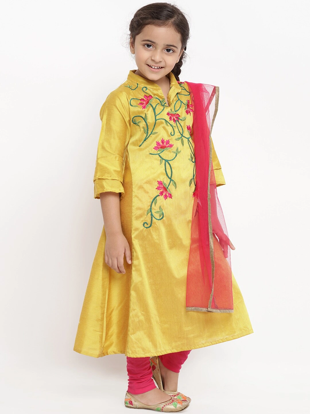 Bitiya by Bhama Girls Mustard &amp; Pink Embroidered Kurta with Churidar &amp; Dupatta-3-4Y-2