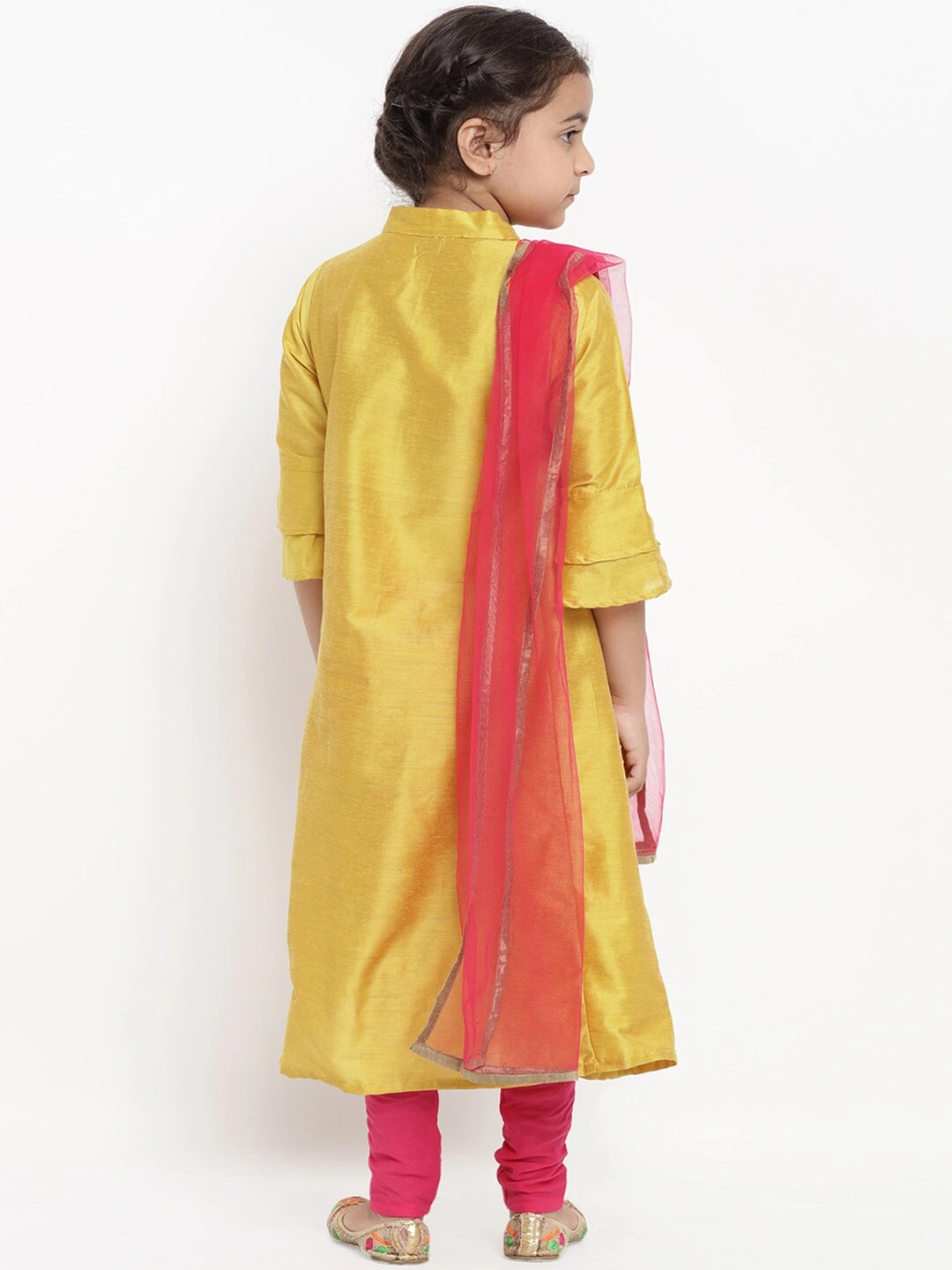 Bitiya by Bhama Girls Mustard &amp; Pink Embroidered Kurta with Churidar &amp; Dupatta-3-4Y-3