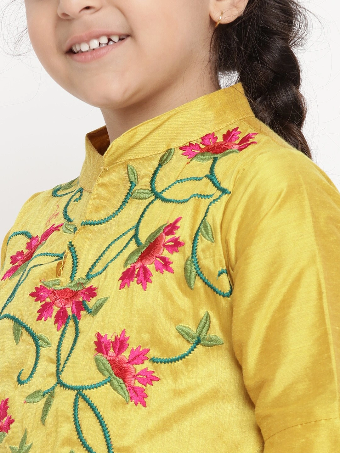 Bitiya by Bhama Girls Mustard &amp; Pink Embroidered Kurta with Churidar &amp; Dupatta-3-4Y-4