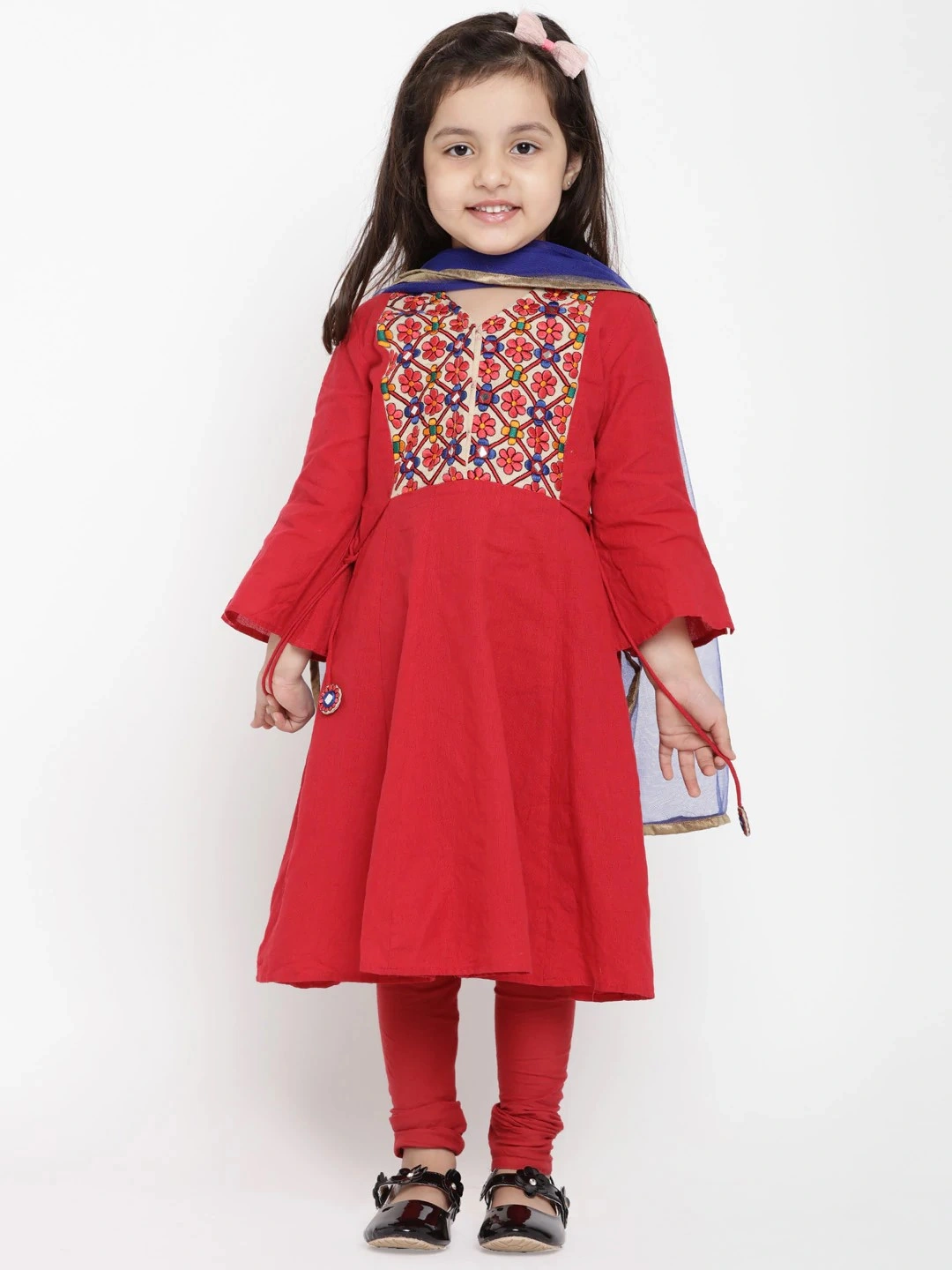 Bitiya by Bhama Girls Red &amp; Blue Embroidered Kurti with Churidar &amp; Dupatta-BBT043_3-4Y