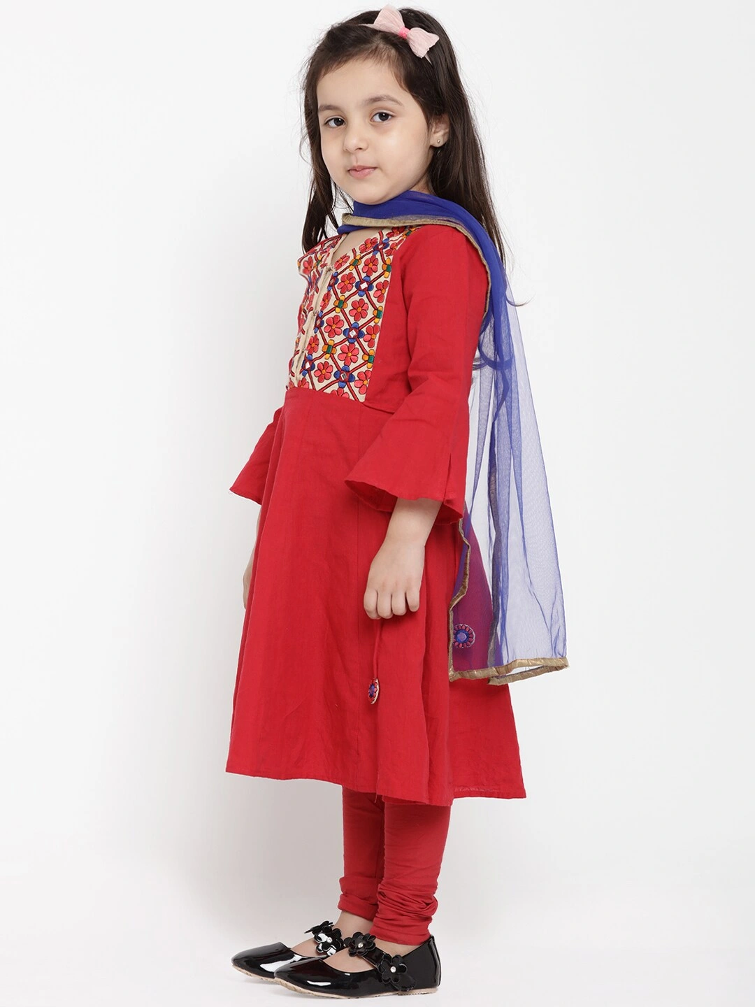 Bitiya by Bhama Girls Red &amp; Blue Embroidered Kurti with Churidar &amp; Dupatta-3-4Y-1