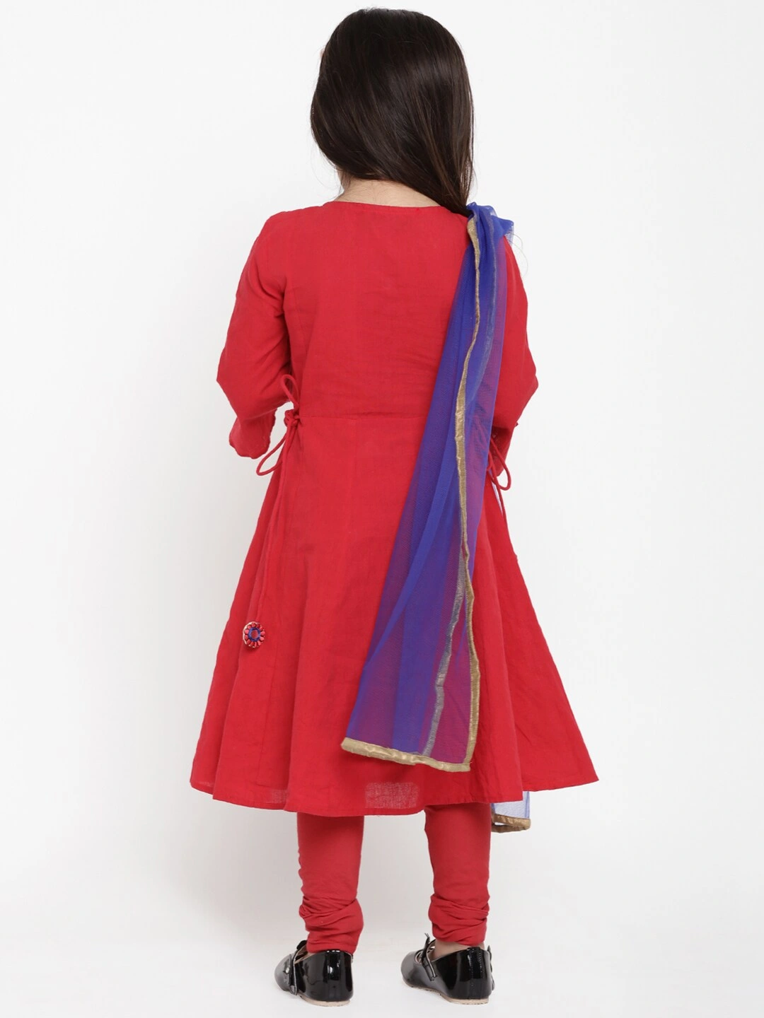 Bitiya by Bhama Girls Red &amp; Blue Embroidered Kurti with Churidar &amp; Dupatta-3-4Y-2