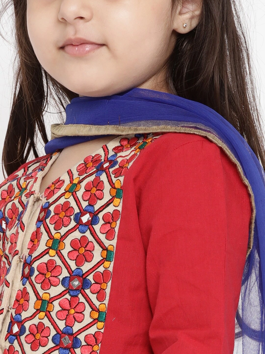 Bitiya by Bhama Girls Red &amp; Blue Embroidered Kurti with Churidar &amp; Dupatta-3-4Y-3