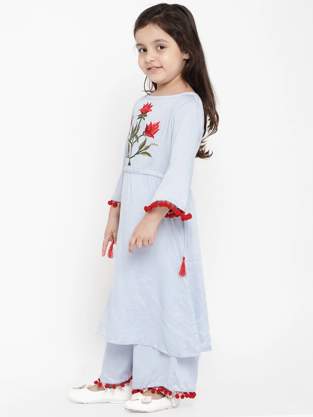 Bitiya by Bhama Girls Blue Embroidered Kurti with Palazzos-4-5Y-1