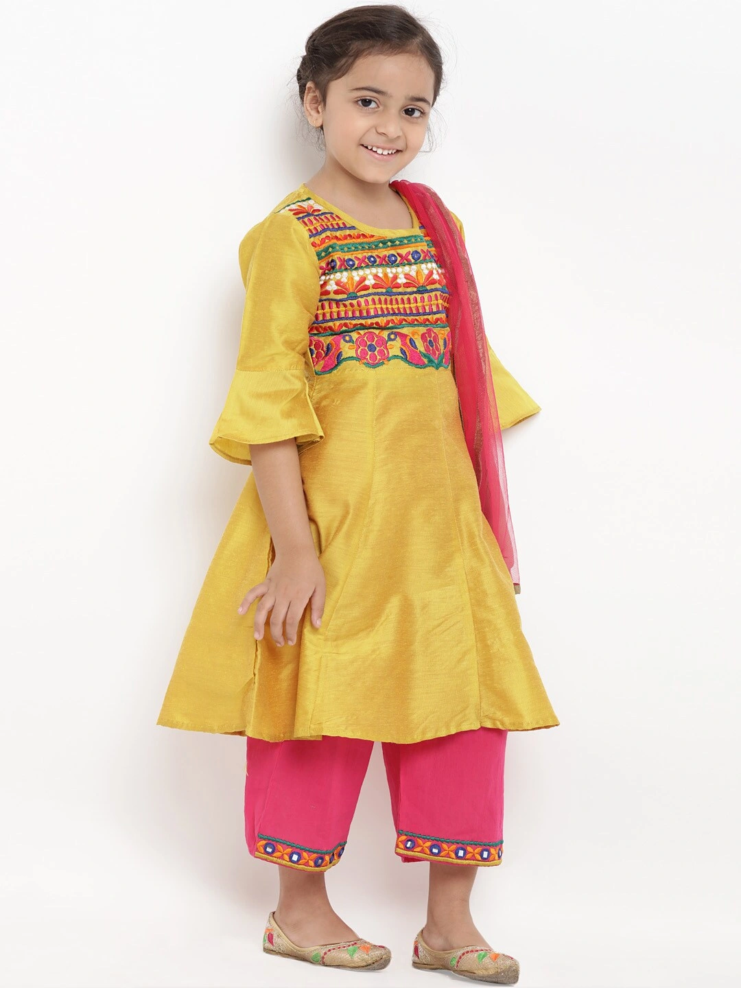 Bitiya by Bhama Girls Mustard Yellow &amp; Pink Embroidered Kurta with Pyjamas &amp; Dupatta-3-4Y-2