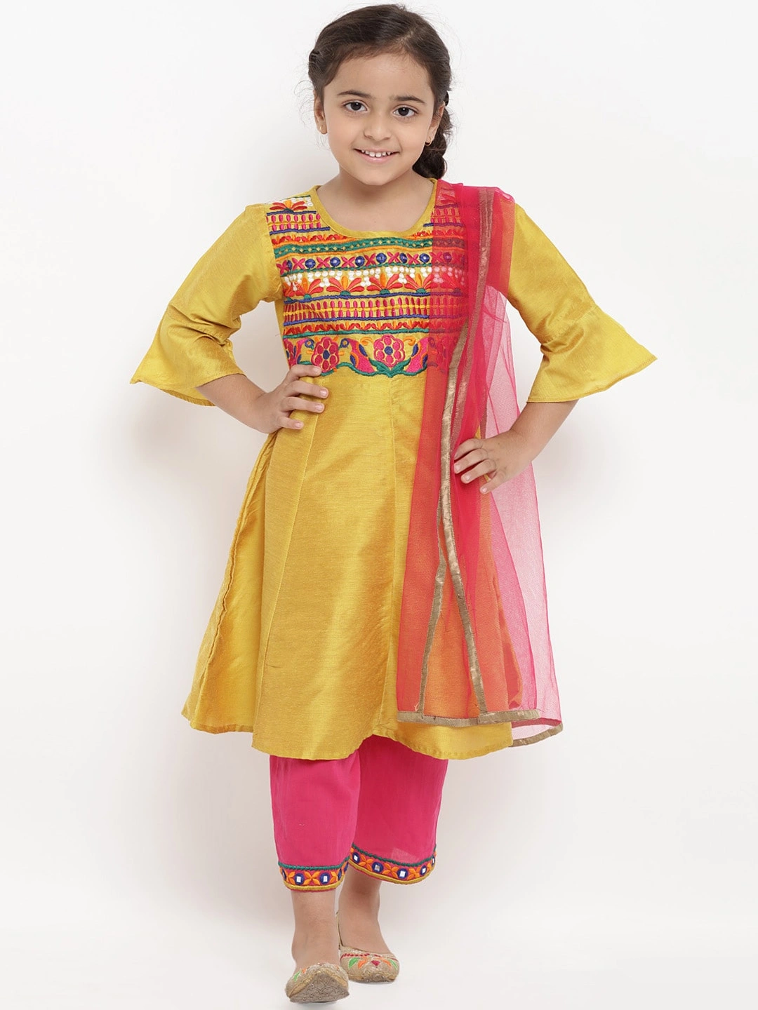 Bitiya by Bhama Girls Mustard Yellow &amp; Pink Embroidered Kurta with Pyjamas &amp; Dupatta-BBT046_4-5Y