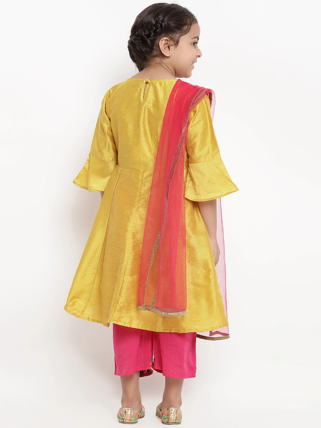 Bitiya by Bhama Girls Mustard Yellow &amp; Pink Embroidered Kurta with Pyjamas &amp; Dupatta-4-5Y-3