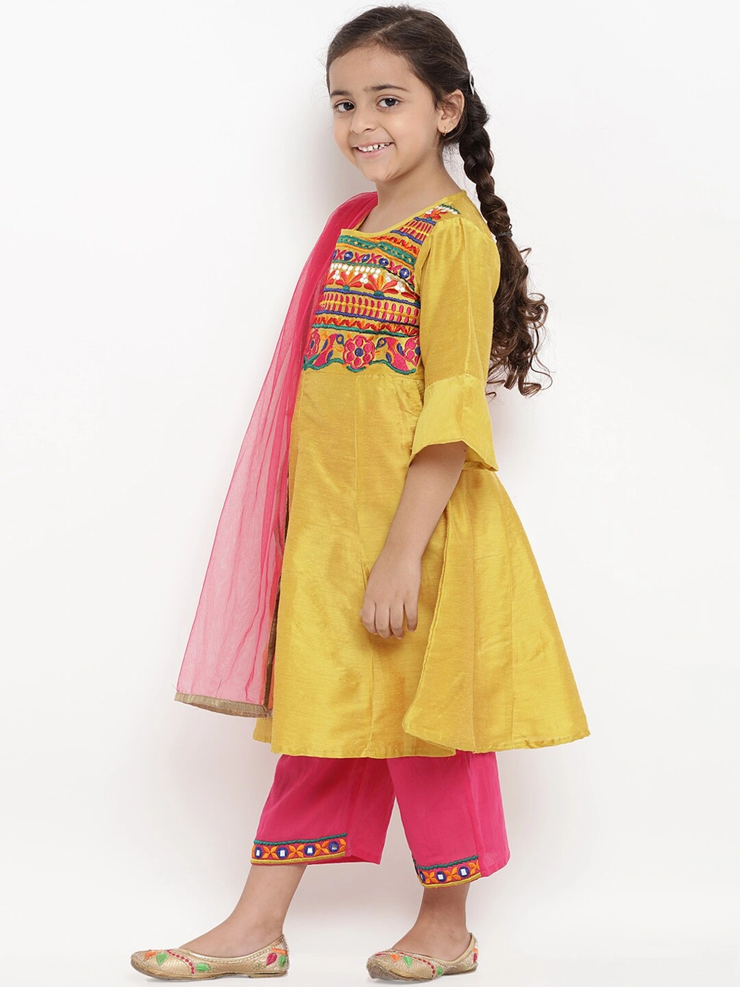 Bitiya by Bhama Girls Mustard Yellow &amp; Pink Embroidered Kurta with Pyjamas &amp; Dupatta-6-7Y-1