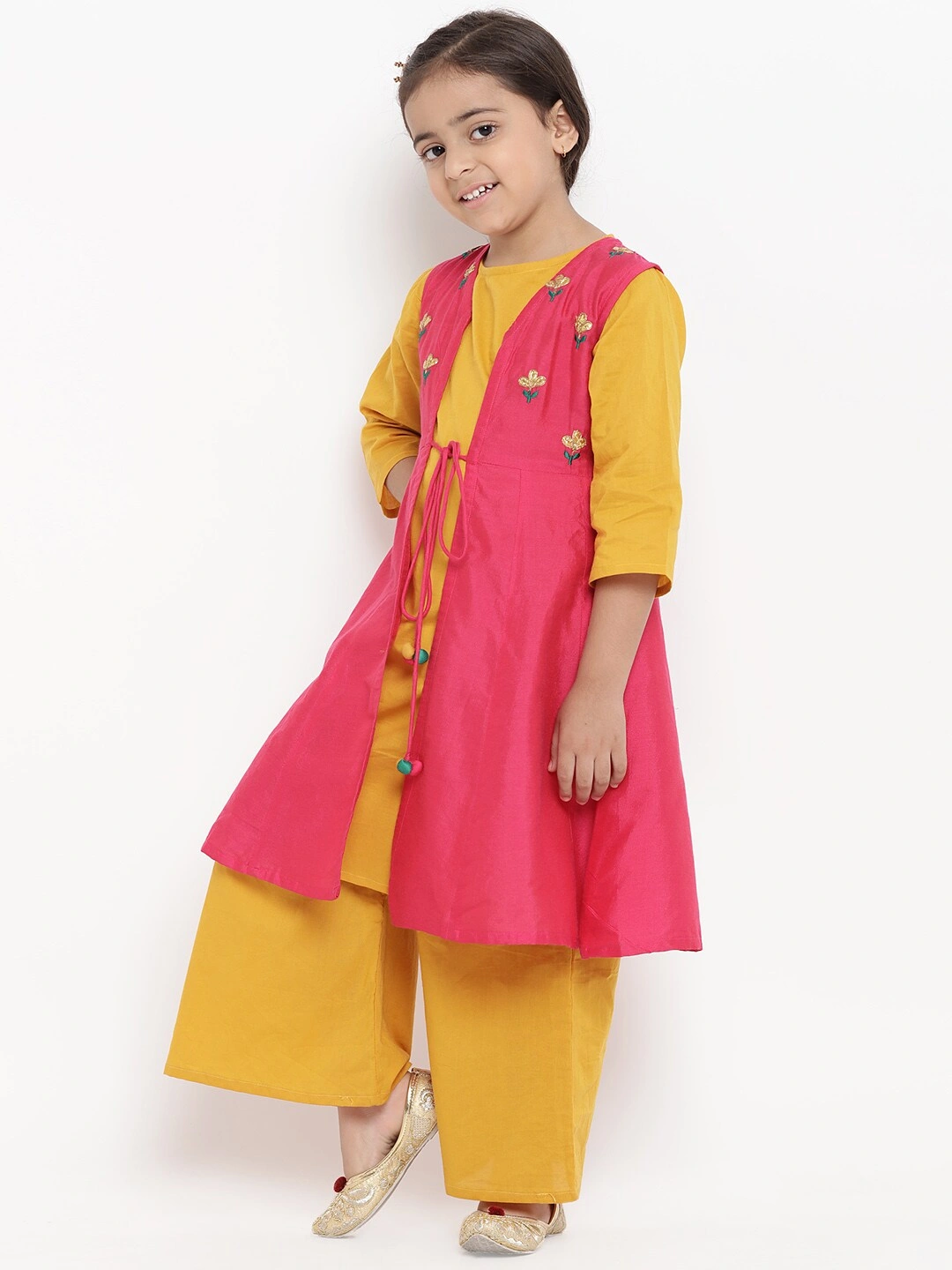 Bitiya by Bhama Girls Mustard Yellow &amp; Pink Embroidered Kurti with Palazzos-3-4Y-1