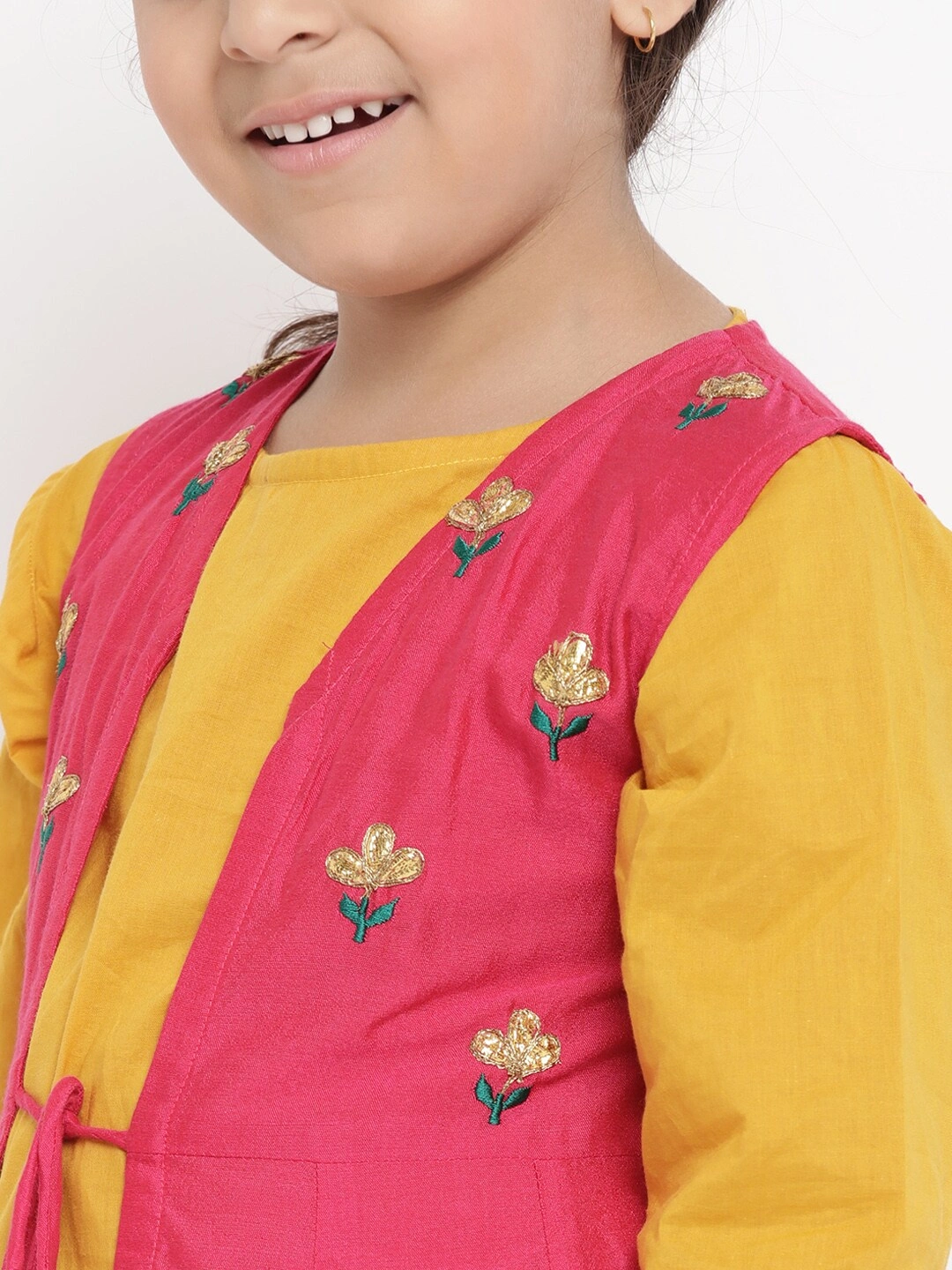 Bitiya by Bhama Girls Mustard Yellow &amp; Pink Embroidered Kurti with Palazzos-3-4Y-3