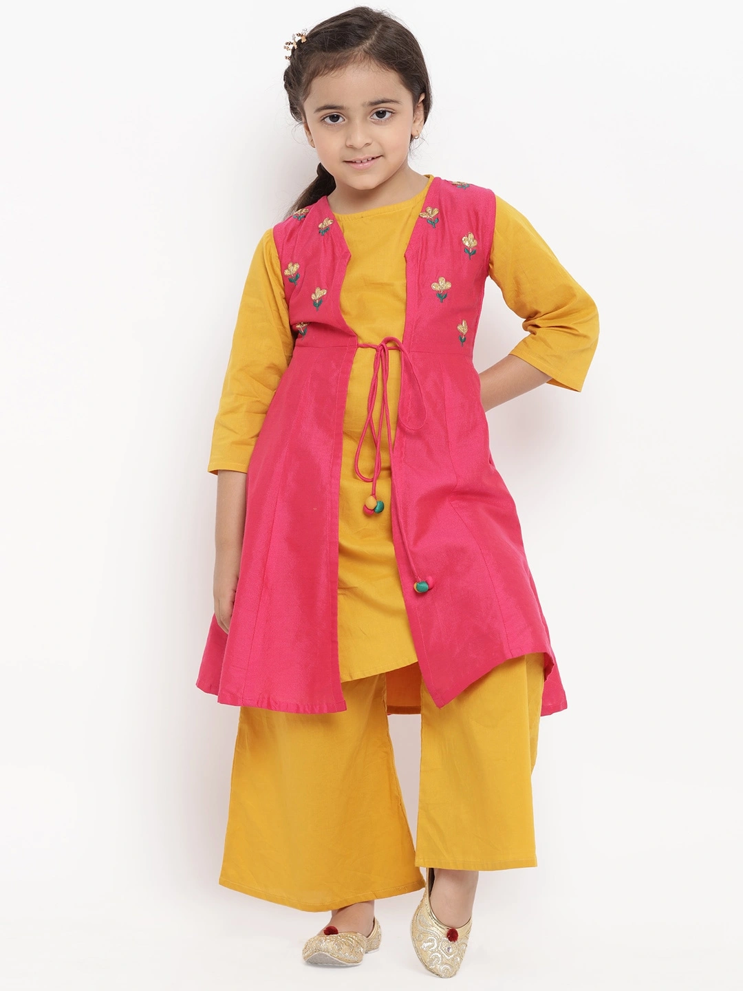 Bitiya by Bhama Girls Mustard Yellow &amp; Pink Embroidered Kurti with Palazzos-BBT047_4-5Y