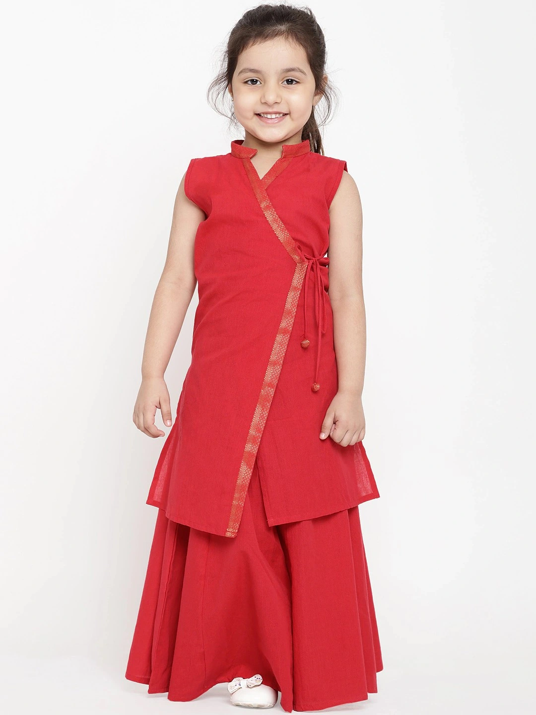 Bitiya by Bhama Girls Red Solid Kurti with Palazzos-BBT048_4-5Y