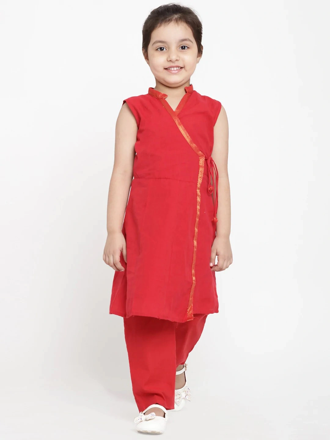 Bitiya by Bhama Girls Red Solid Kurti with Trousers-BBT049_5-6Y