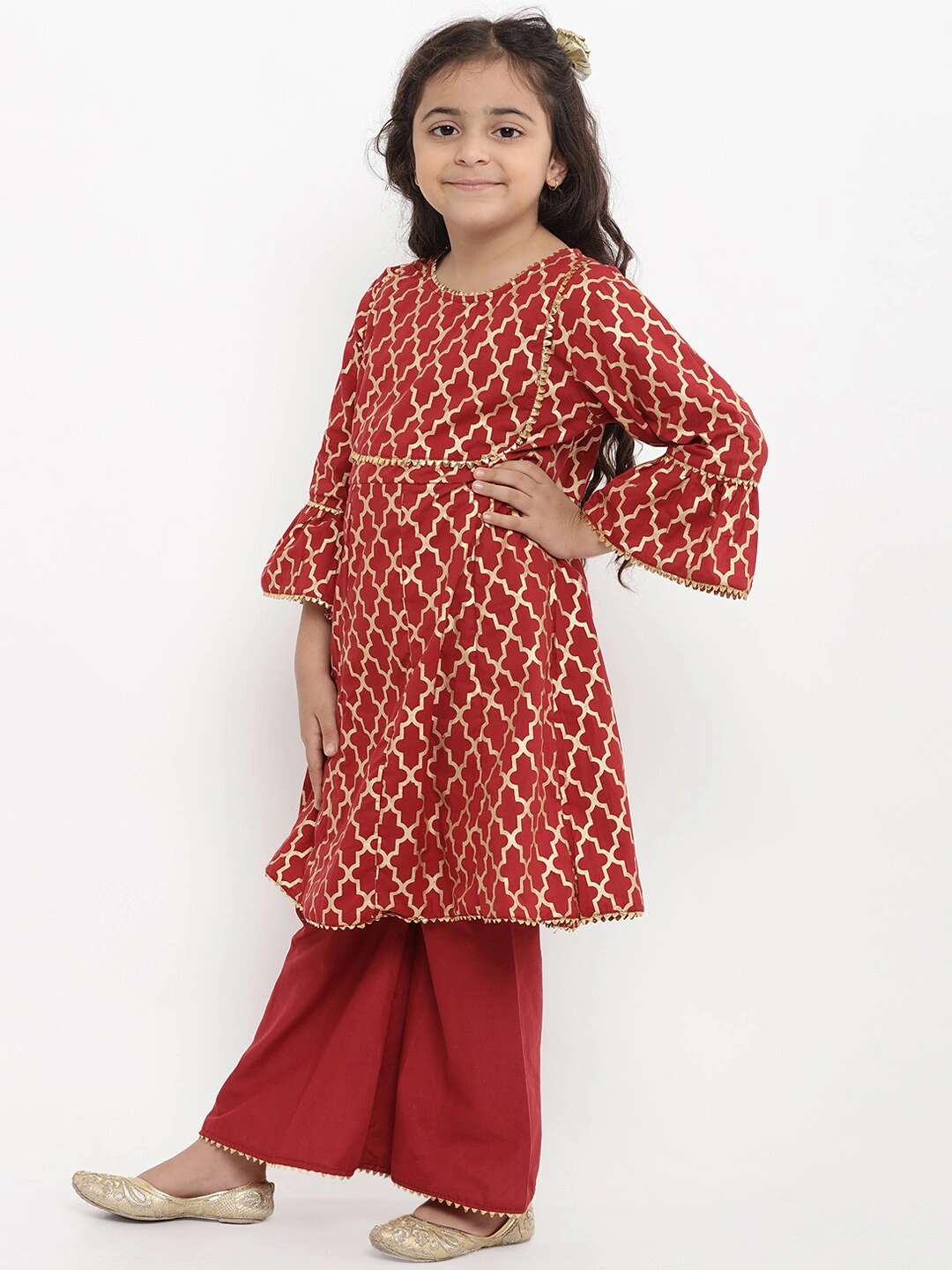 Bitiya by Bhama Girls Maroon Printed Kurta with Palazzos-4-5Y-1