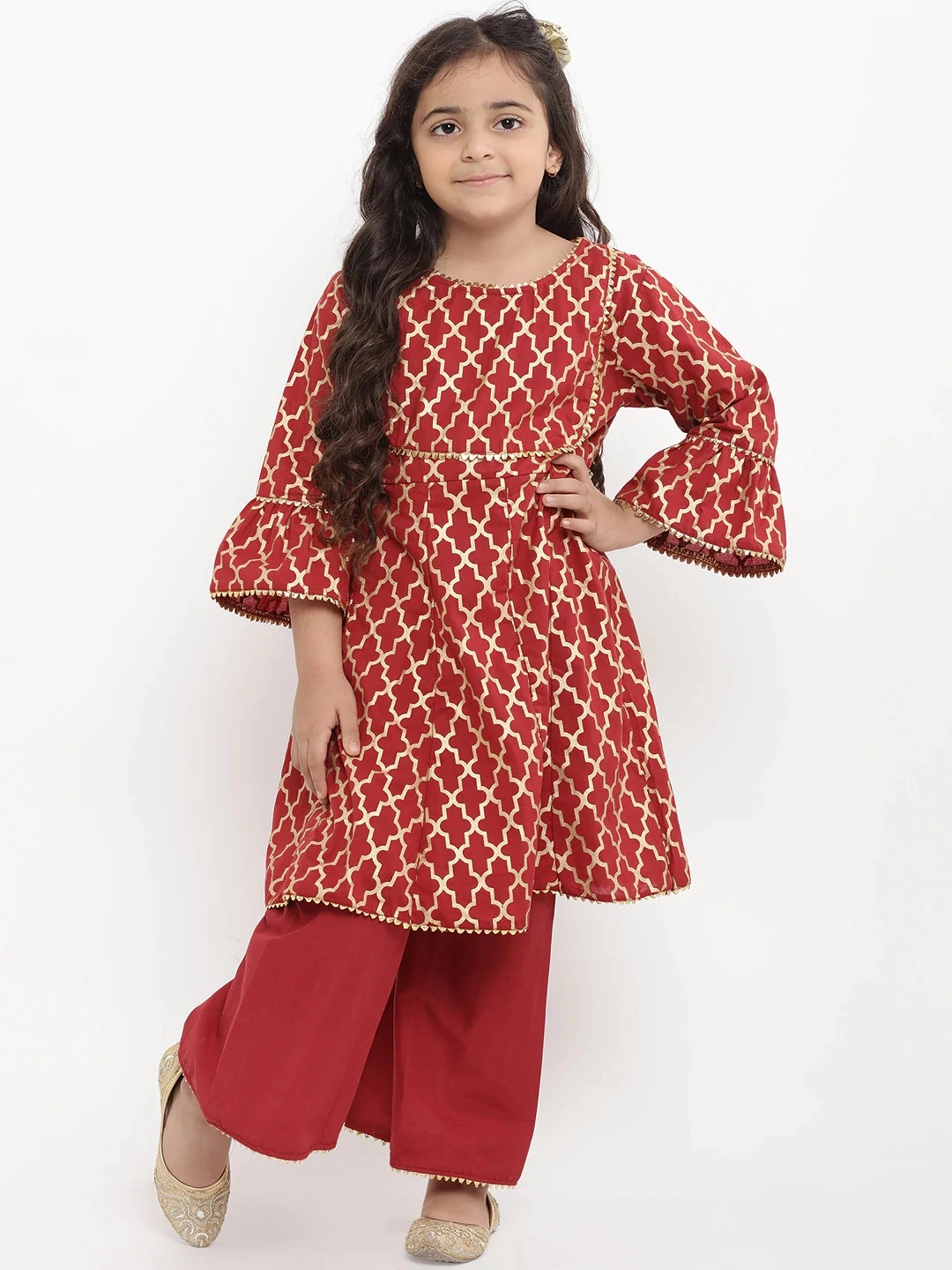 Bitiya by Bhama Girls Maroon Printed Kurta with Palazzos-BBT052_5-6Y