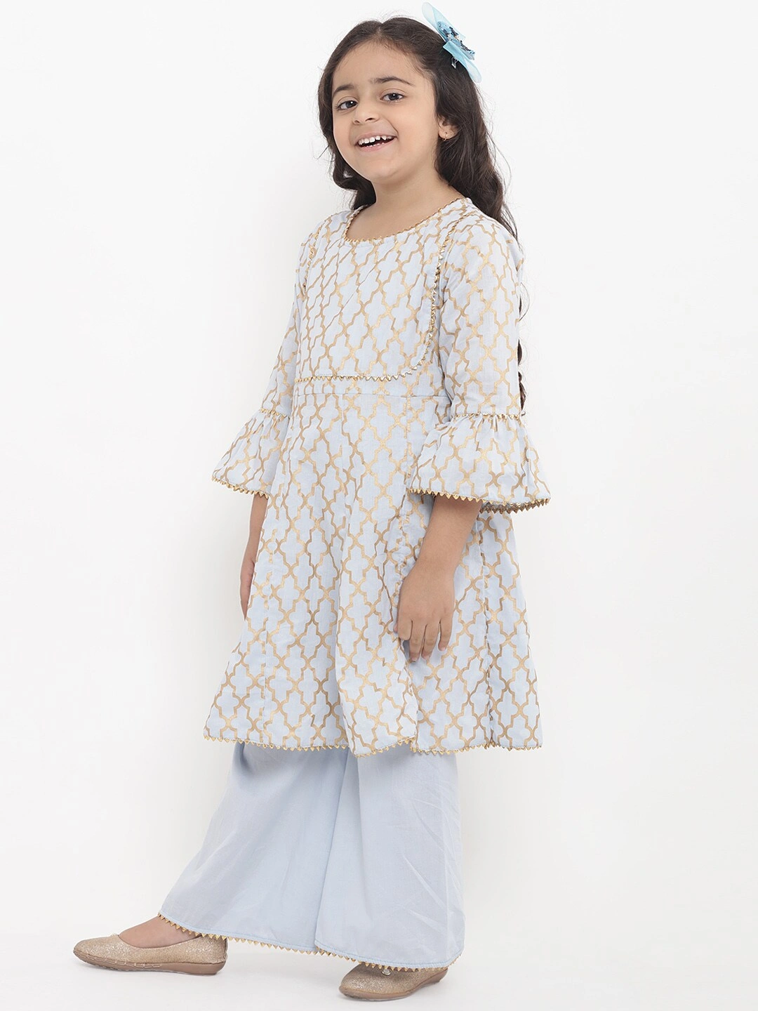 Bitiya by Bhama Girls Turquoise Blue Printed Kurta with Palazzos-3-4Y-1