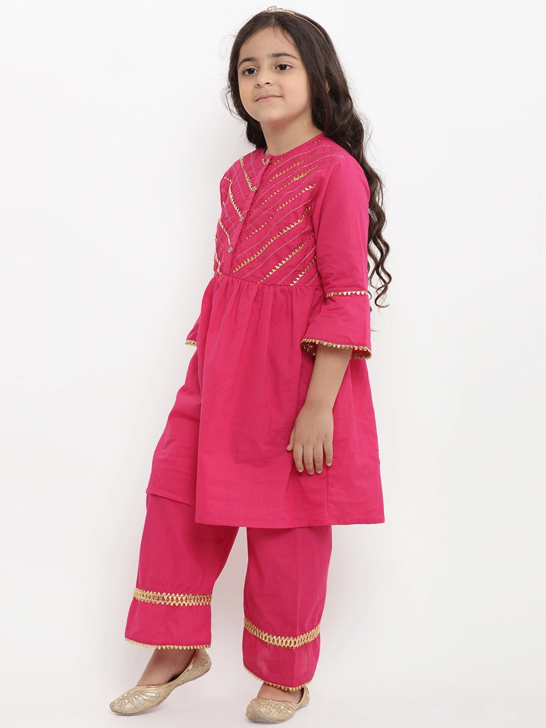 Bitiya by Bhama Girls Pink Self Design Kurta with Palazzos-3-4Y-1