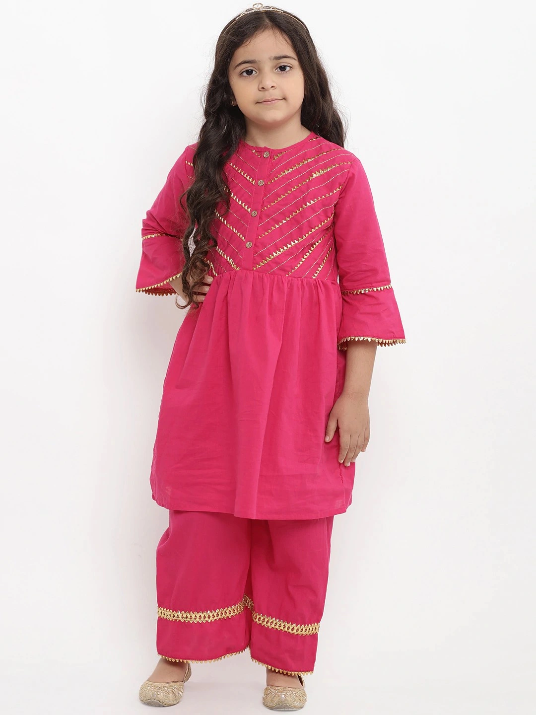 Bitiya by Bhama Girls Pink Self Design Kurta with Palazzos-BBT056_4-5Y