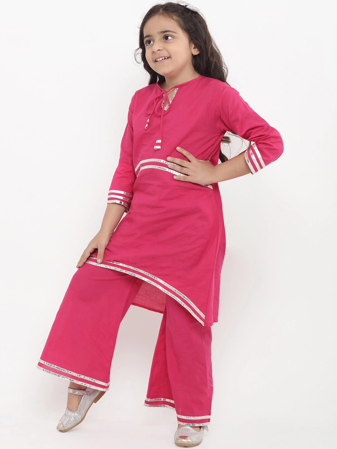 Bitiya by Bhama Girls Pink Striped Kurti with Palazzos-3-4Y-1