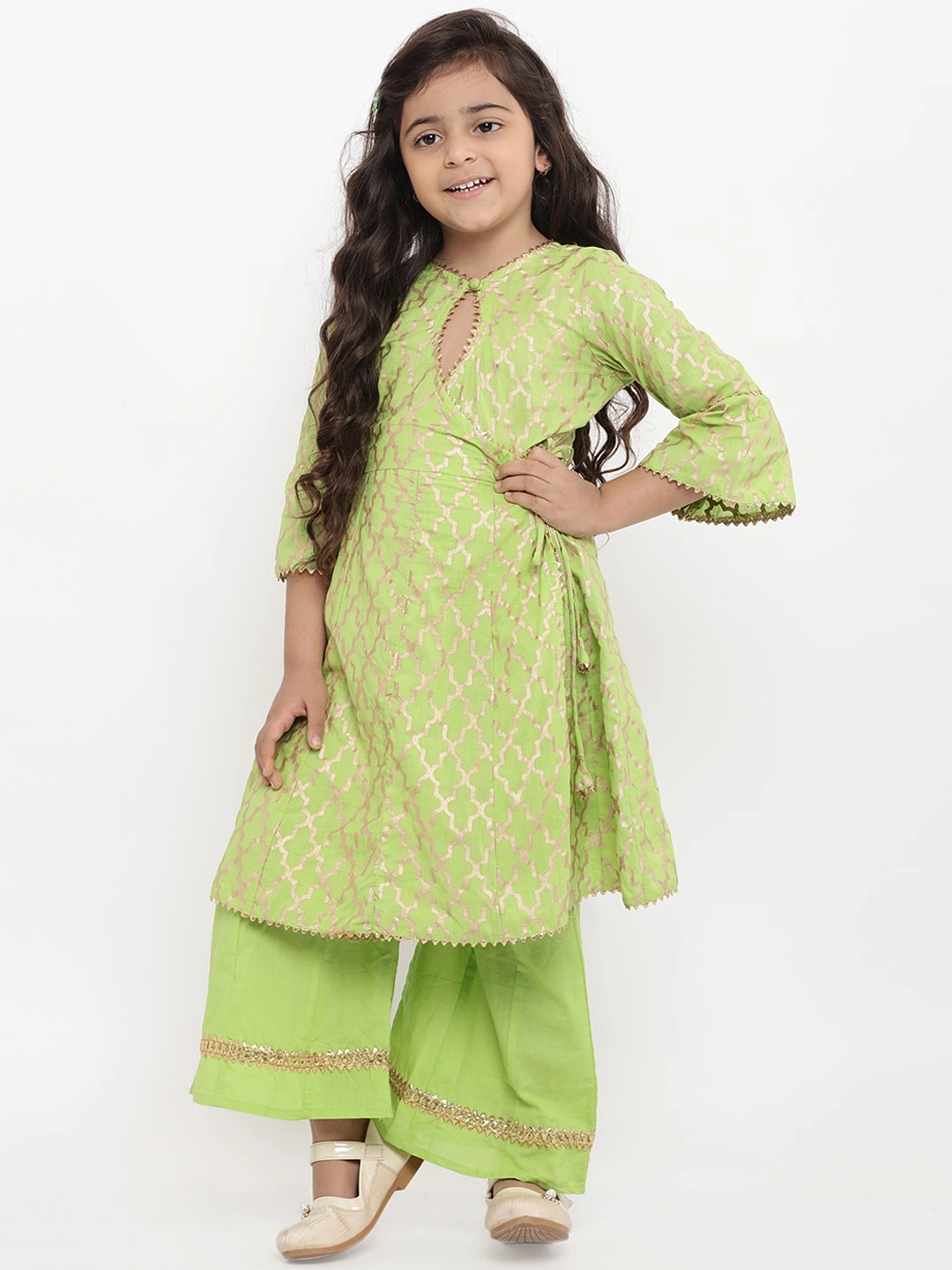 Bitiya by Bhama Girls Green Printed Kurta with Palazzos-BBT059_6-7Y