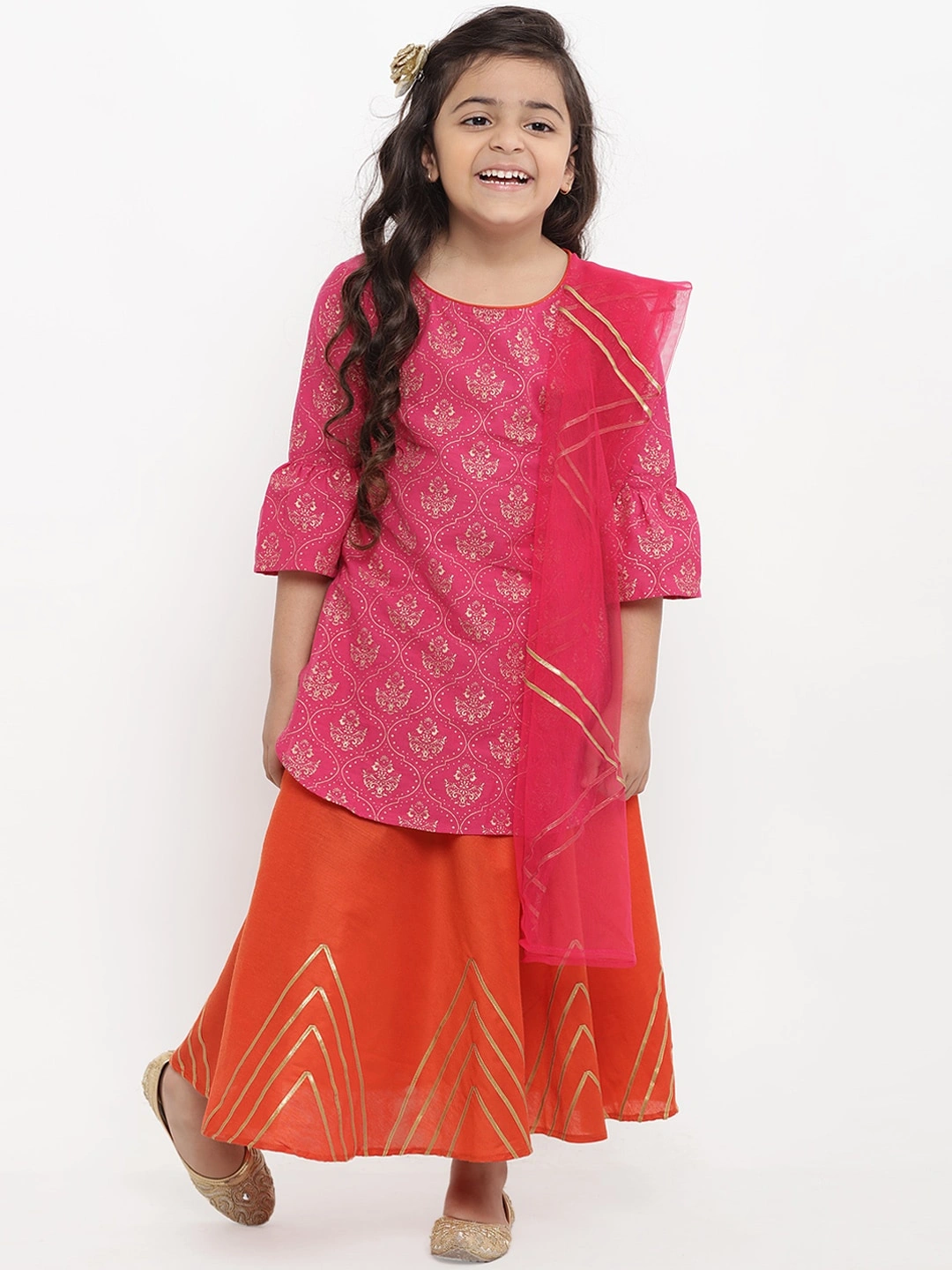 Bitiya by Bhama Girls Pink &amp; Printed Kurta with Skirt &amp; Dupatta-BBT060_3-4Y