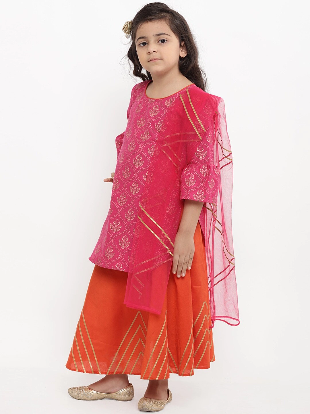 Bitiya by Bhama Girls Pink &amp; Printed Kurta with Skirt &amp; Dupatta-3-4Y-1