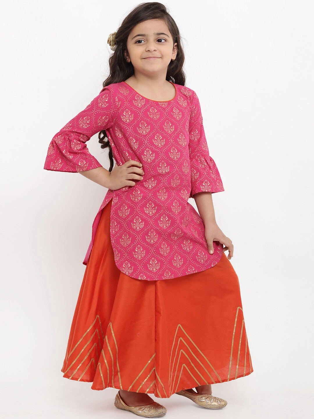 Bitiya by Bhama Girls Pink &amp; Printed Kurta with Skirt &amp; Dupatta-3-4Y-2