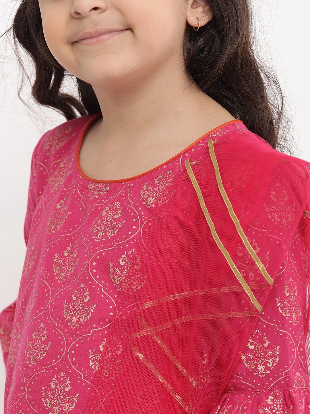 Bitiya by Bhama Girls Pink &amp; Printed Kurta with Skirt &amp; Dupatta-5-6Y-4