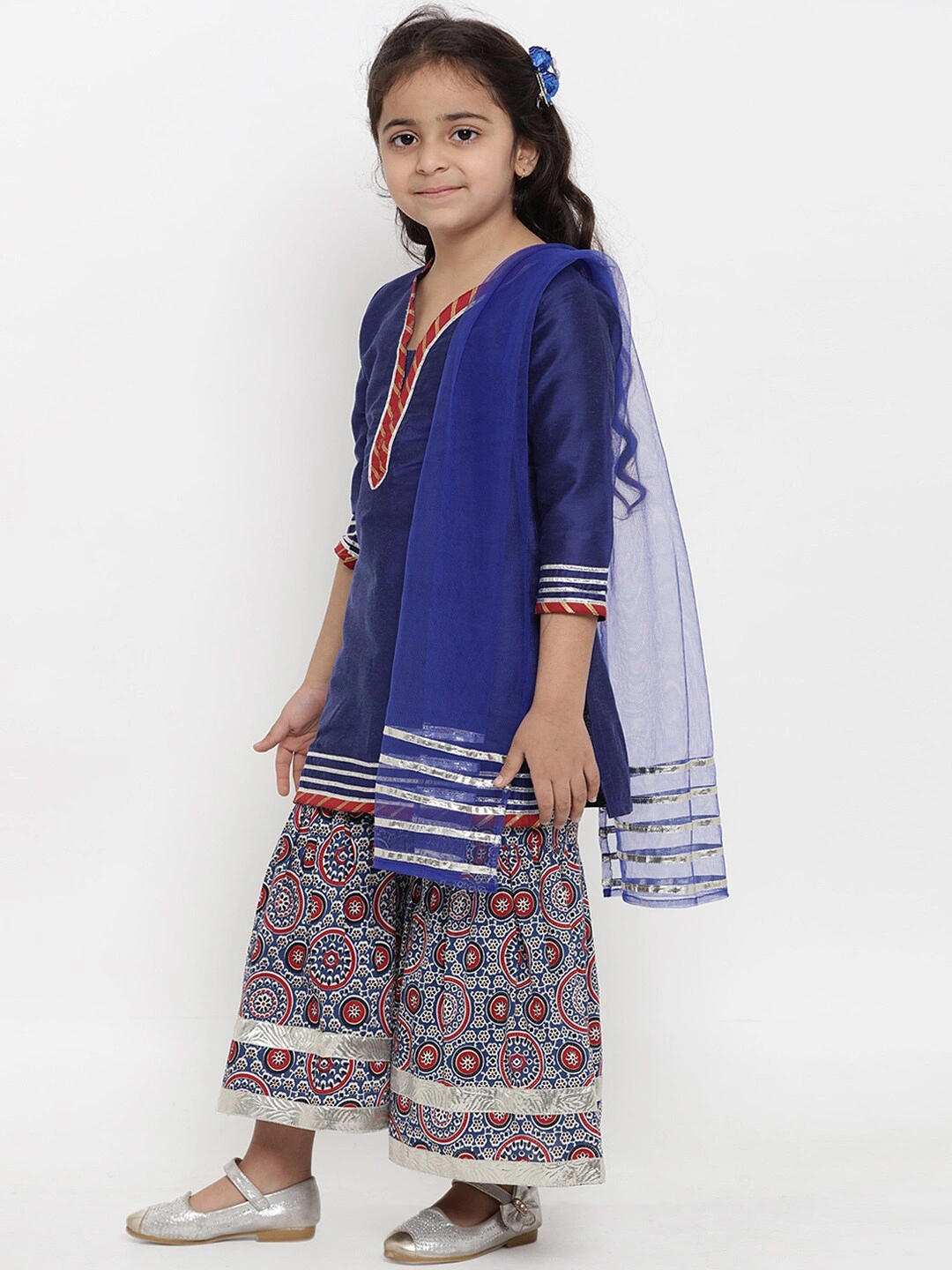 Bitiya by Bhama Girls Blue &amp; Striped Kurta with Palazzos &amp; Dupatta-3-4Y-1